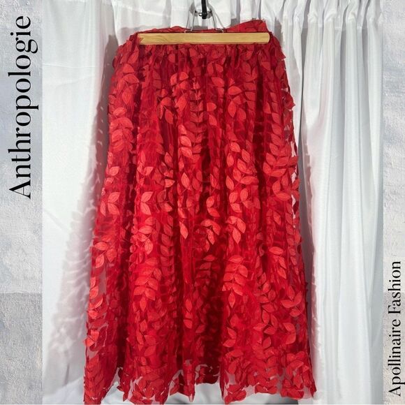 ANTHROPOLOGIE BY SUNDAY IN BROOKLYN DIMENSIONAL LEAF MAXI SKIRT IN RED SIZE 8 - Picture 5 of 6